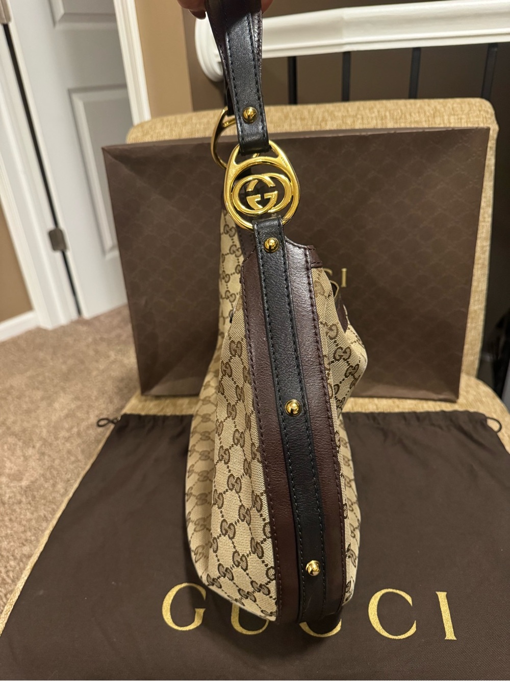 ❤️ Authentic Gucci GG Canvas & Leather Hobo Purse W/ Original Dust Bag & Box ❤️ - Picture 4 of 16